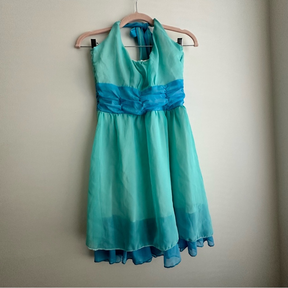 Women Elegant Aqua Blue Halter Dress S/M